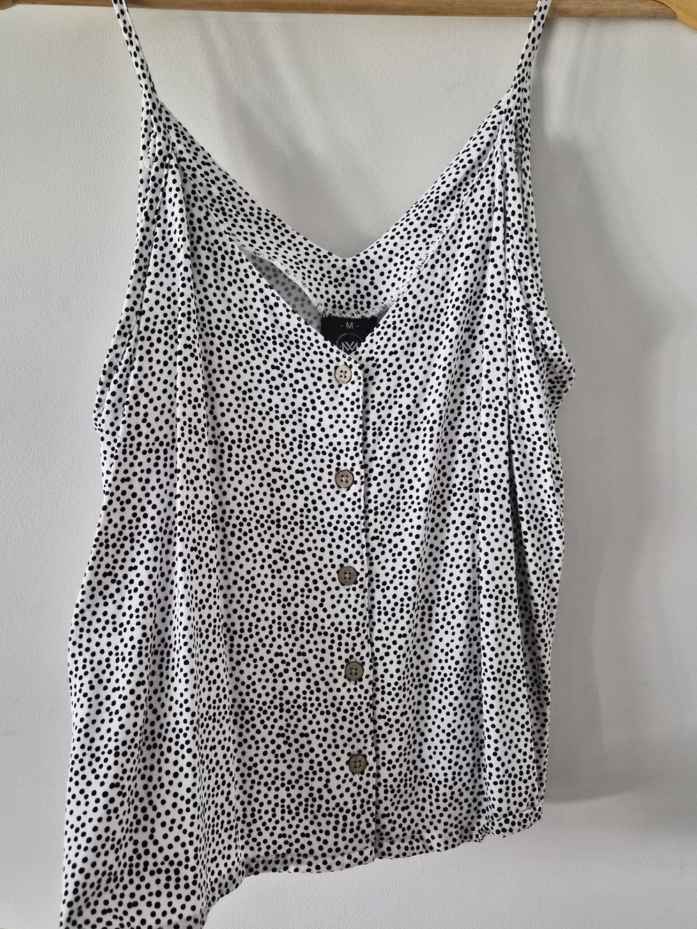 Women's White and Black Polka Dot Button-Front Cami Tank Top